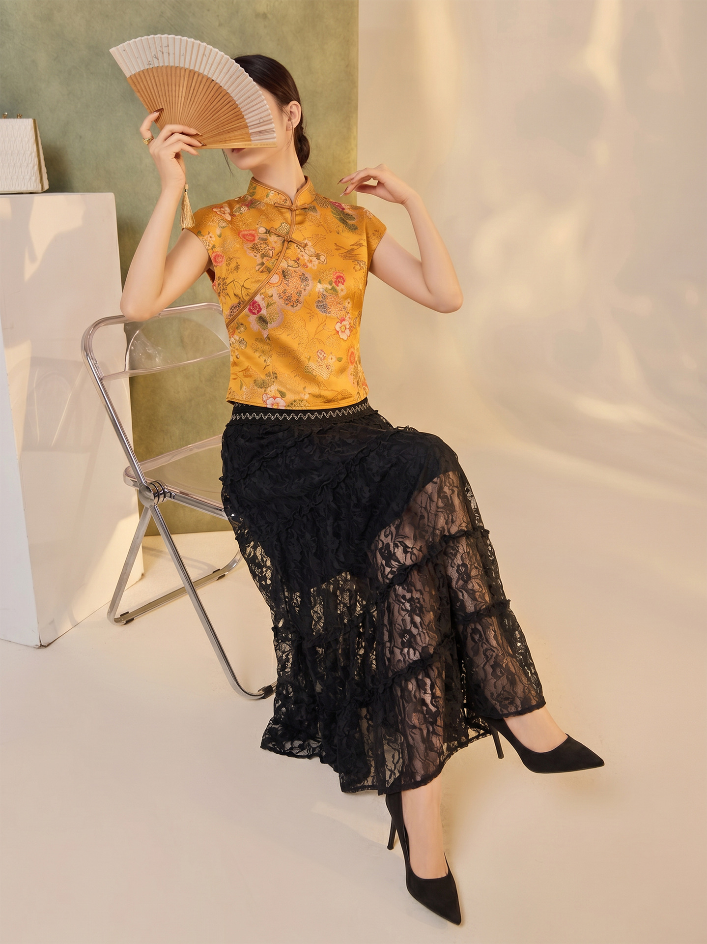 Váy dài ren cao eo nữ — Mực đen, Gạo trắng