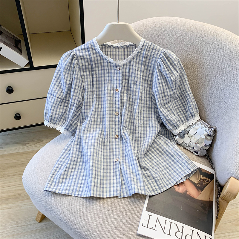Tangtang~French Retro Lace Plaid Short-Sleeved Shirt for Women, Slimming Top, Babydoll Shirt