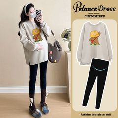 妊婦服の秋の上着2024の新しいファッションの洋風の流行は腹の大きいサイズの衛衣のスーツの秋冬の小さい子を遮ります。