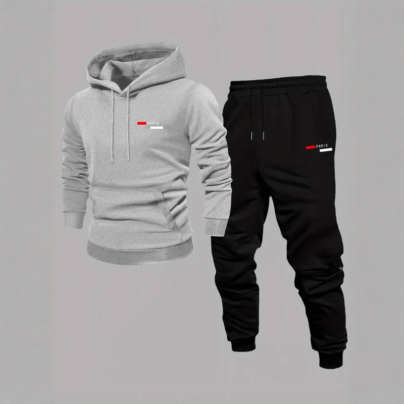 Spring and Autum Cross-Border Men's Casual Sports Suit Pure Color Printed Letter Logo Hoodie and Waist Pants Spring and Autum Cross-Border Men's Casual Sports Suit Pure Color Printed Letter Logo Hoodie and Waist Pants