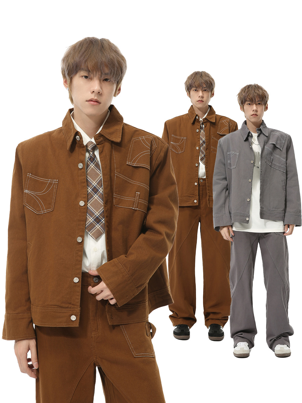 MTLCLOTHES Hombres| Otoño nuevo estilo francés de alta calidad de deconstrucción empalme de hombro de color sólido conjunto de moda vaqueros