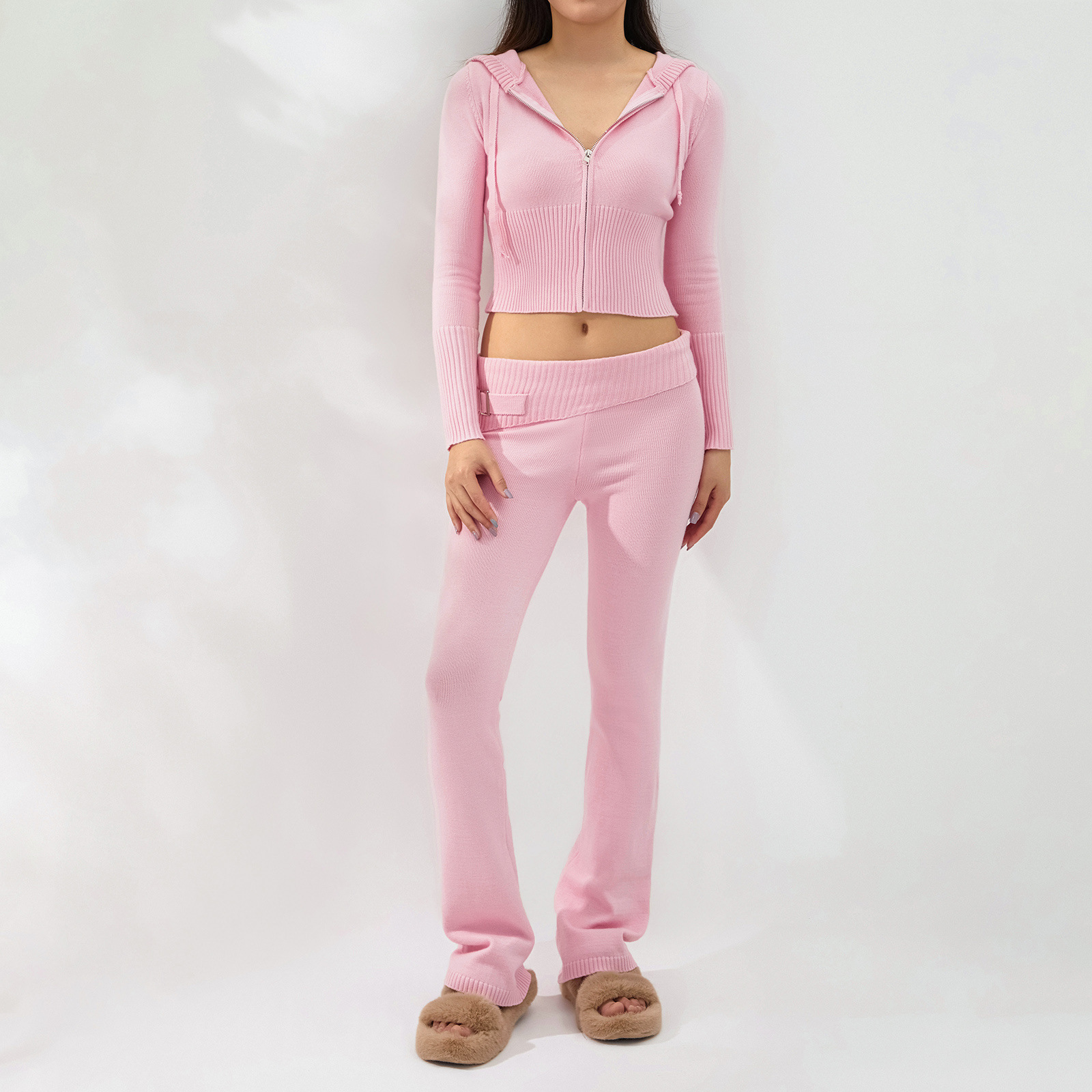 Ensemble deux pièces en tricot à capuche pour femme, pantalon sexy à manches longues et taille haute, à la mode_voghion.com