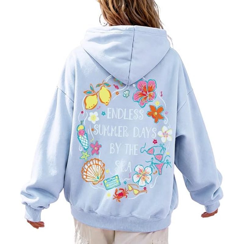 Women's Y2K Hoodie Beach Pattern Print sweatshirts Ocean Coast Cute Hibiscus Print, Vacation