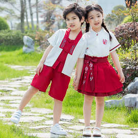中国风民族风幼儿园表演服红色喜庆汉服夏款班服校服拍摄服