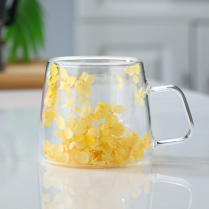 Cross-border Packaging: Trendy Real-flower Glass Cup, High-appearance Coffee Cup Handle, Double-layer Mug With Dried_voghion.com