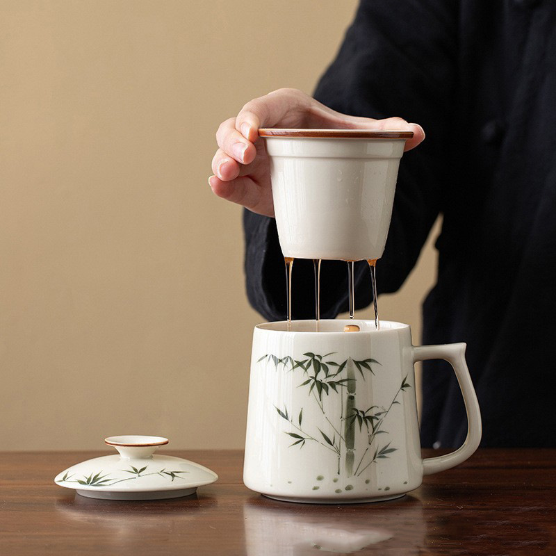 草木灰手绘陶瓷杯马克杯个人专用茶水分离过滤办公杯带盖茶杯LOGO|undefined
