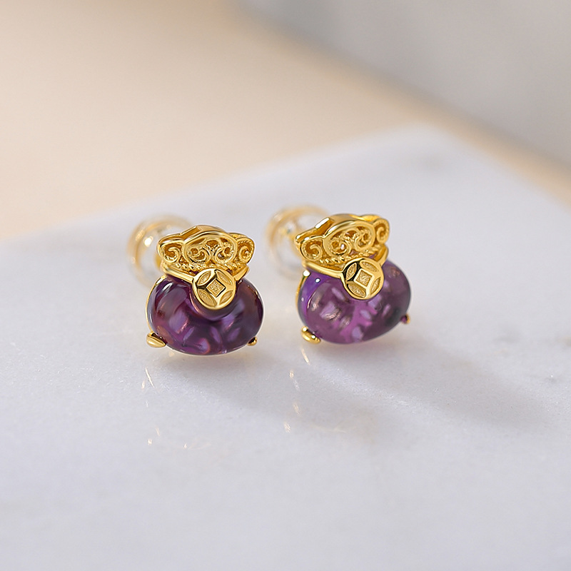Bông tai bạc S925 đá tự nhiên hình túi tiền may mắn — Mô hình Citrine
