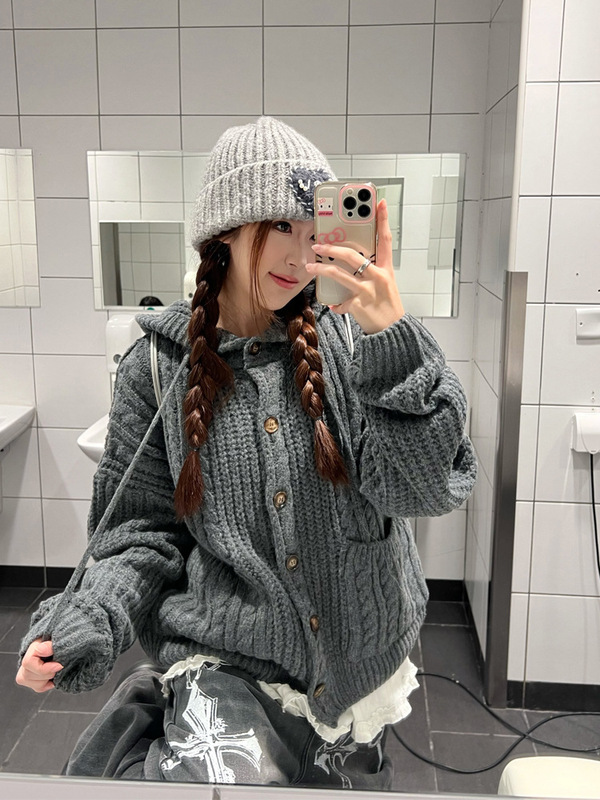 美式复古麻花连帽毛衣开衫女2025秋冬慵懒风针织衫女上衣外套ins|undefined