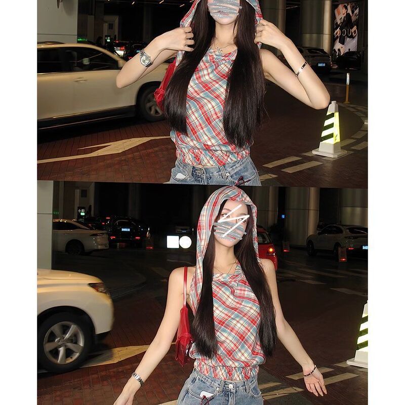 2026 Korean Style New Red Plaid Shirt with a Draped Collar, Sleeveless Hooded Outerwear Vest for Women, Summer American Style Spicy Girl Fashion 2026 Korean Style New Red Plaid Shirt with a Draped Collar, Sleeveless Hooded Outerwear Vest for Women, Summer American Style Spicy Girl Fashion