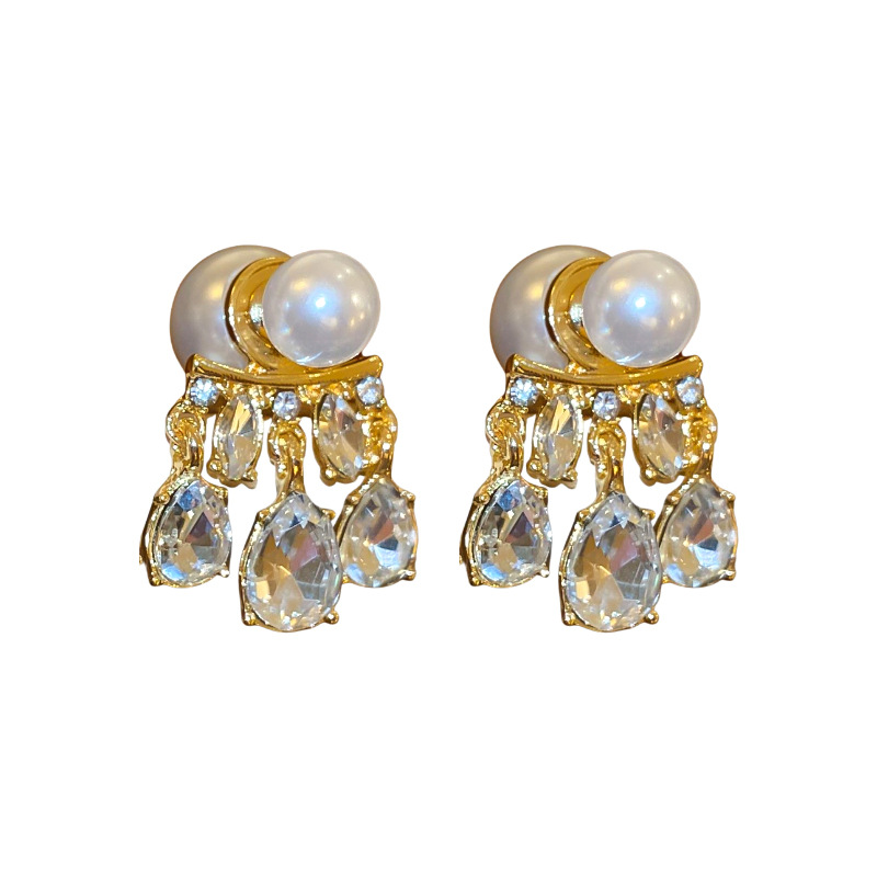 Pendientes de diamantes con gota de agua de perla de aguja de plata, estilo de lujo ligero francés, un par de pendientes, exquisitos y versátiles, nuevos pendientes para mujer