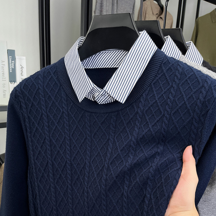 Falso de dos piezas Jacquard hombre otoño invierno nueva camiseta de manga larga camiseta de moda casual cuello cálido suéter base