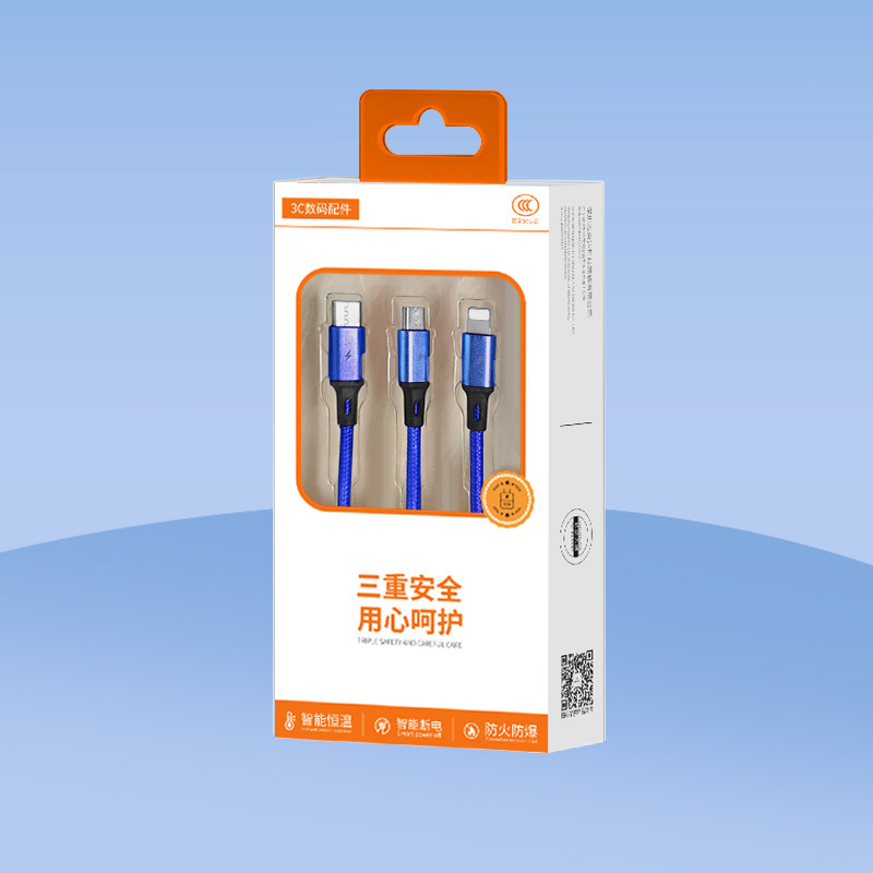 Cable de datos trenzado tres en uno de carga rápida 3A, listo para usar en fábrica, adecuado para Apple, Android y tipo C, cable de carga uno a tres.