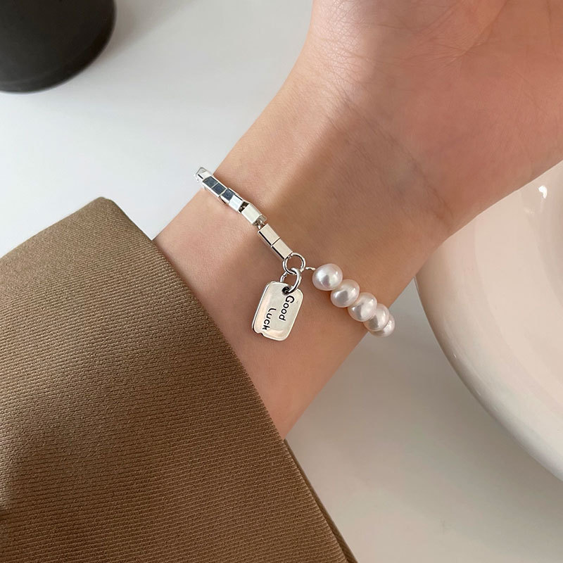 日韩通体s925纯银good luck方块珍珠拼接链条手链个性百搭6702|ms
