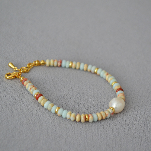 European and American exotic literary retro ocean vacation style blue pattern stone real stone beaded necklace for women with temperament