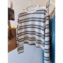 2025秋季新款韩系撞色条纹长袖t恤女宽松慵懒风休闲上衣内搭打底