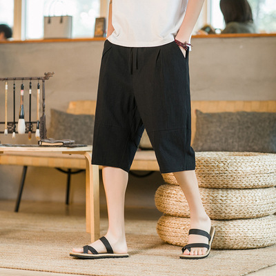 Linen Capri Pants Men's Summer Thin Loose Chinese Style Breeches Men's Beach Pants Linen Cotton Harlan Casual Pants