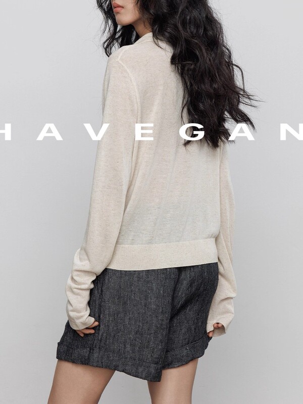 与间HAVEGAN/夏季天丝亚麻长袖防晒针织T恤女翻领老钱风休闲上衣|undefined