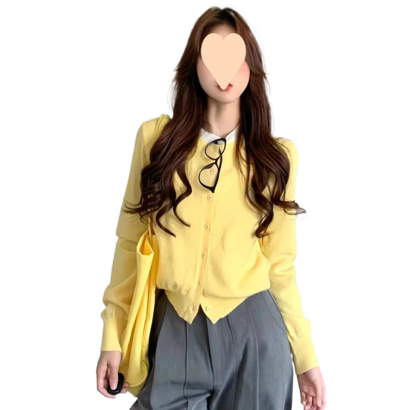 春季慵懒针织假两件开衫女多巴胺新款毛衣外套长袖打底衫黄色上衣|undefined