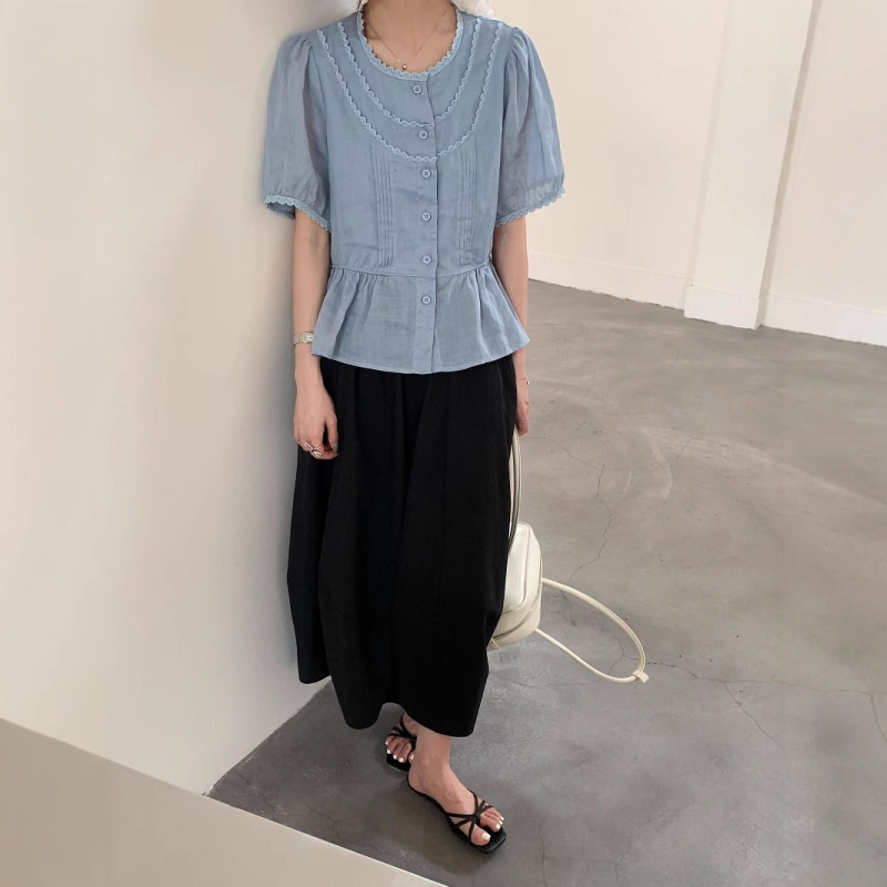 上海ラネージュ韓国レースラウンドネック半袖シャツ女性のための 2025 夏の新しいラミールーズトップ 250216|undefined
