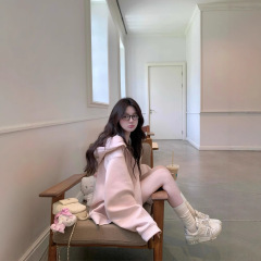 粉色连帽卫衣外套女春2025新款宽松慵懒chic秋季薄款拉链上衣