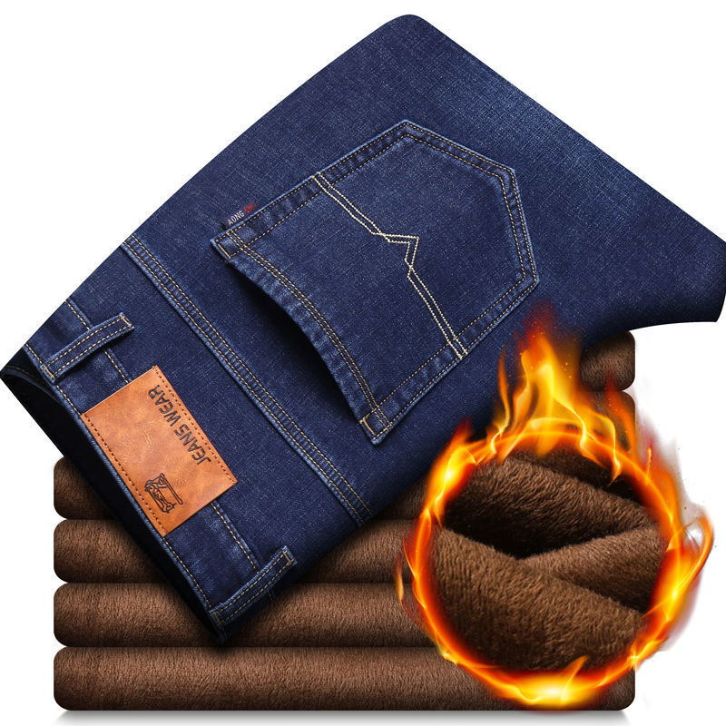 Otoño e invierno hombres más jeans gruesos de terciopelo hombres al por mayor pantalones de pierna recta sueltos de todo fósforo casuales pantalones de algodón cálidos y resistentes al desgaste hombres