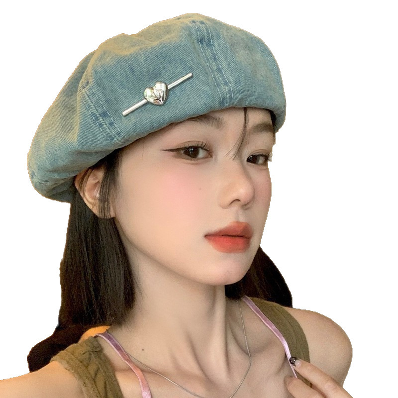 贝雷帽女爱心水洗牛仔八角帽薄款透气八角画家帽大头围显脸小帽子|undefined
