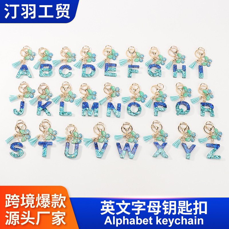 Cross-border Blue Love Butterfly Tassel Resin 26 Letter Keychain Accessories Fashion All-match Pendant