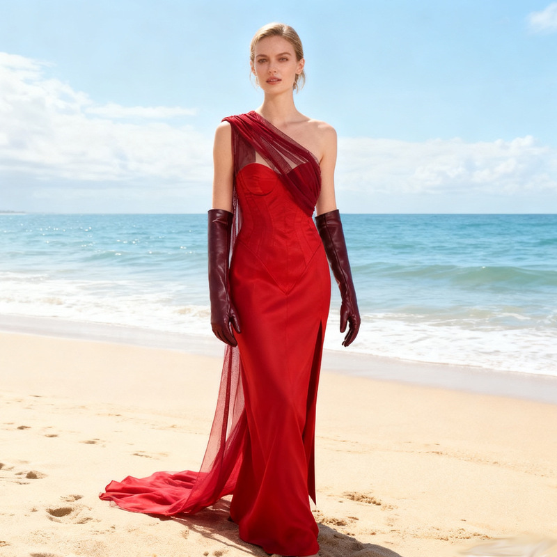European and American Popular Burgundy Gauze with Leather Gloves Sexy Satin Slit One-Shoulder Slim Evening Dress