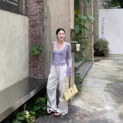 紫色微透薄款长袖t恤女早秋大v领罩衫上衣撞色挂脖吊带