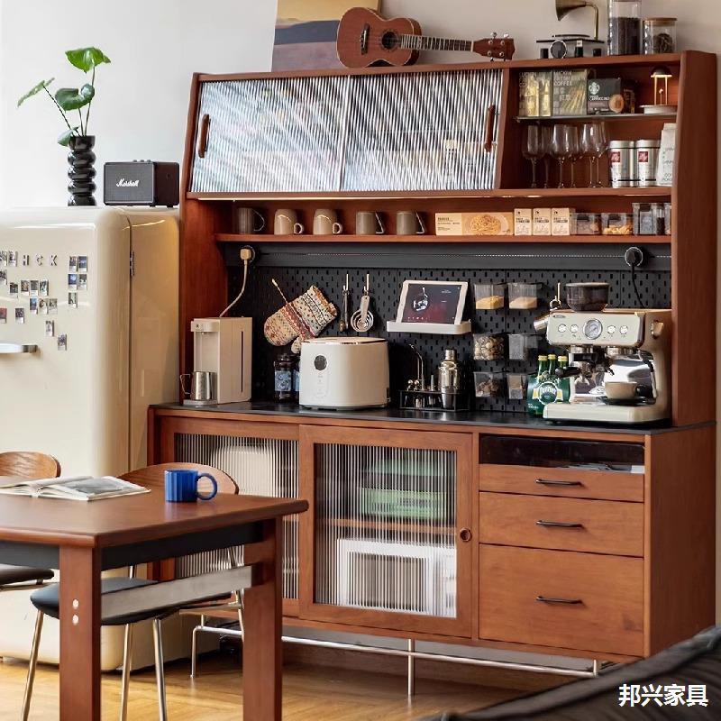French-Style Antique Solid Wood Sideboard Against the Wall, Integrated Tall Cabinet, Antique Wine Cabinet, Coffee Cabinet, Kitchen Storage Cabinet