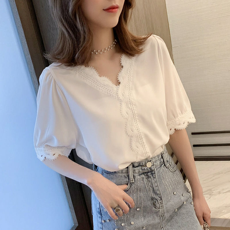 여자 V 넥 레이스 바느질 느슨한 반팔 티셔츠 여름 레이디 우아한 하이 엔드베이스 셔츠 올매치 탑