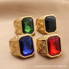 歐美鈦鋼紅綠藍黑寶石戒指復古潮男女朋克不鏽鋼寶石指環廠家直供
