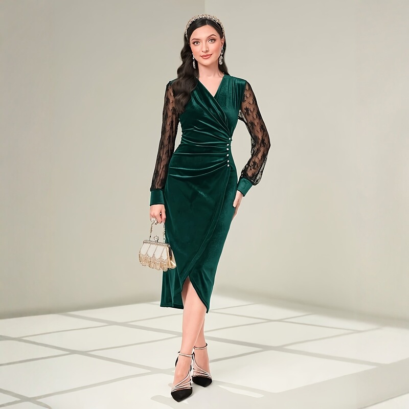 Christmas Dress Green Velvet Spliced Lace V Neck High Waist Beaded Dress Women's Elegant Wrap Dress in Stock