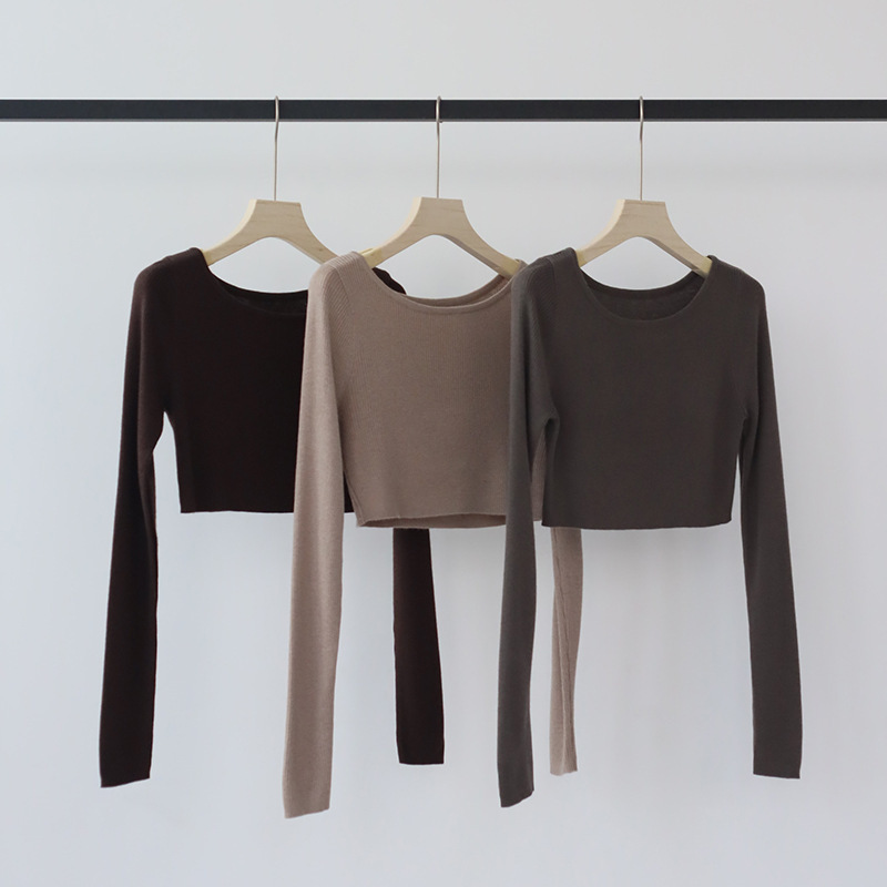 Autumn Wool Blend High-Waisted Knit Pullover Off-Shoulder Short-Sleeve Slim-Fit Outer Blouse Long-Sleeve Commuter Style