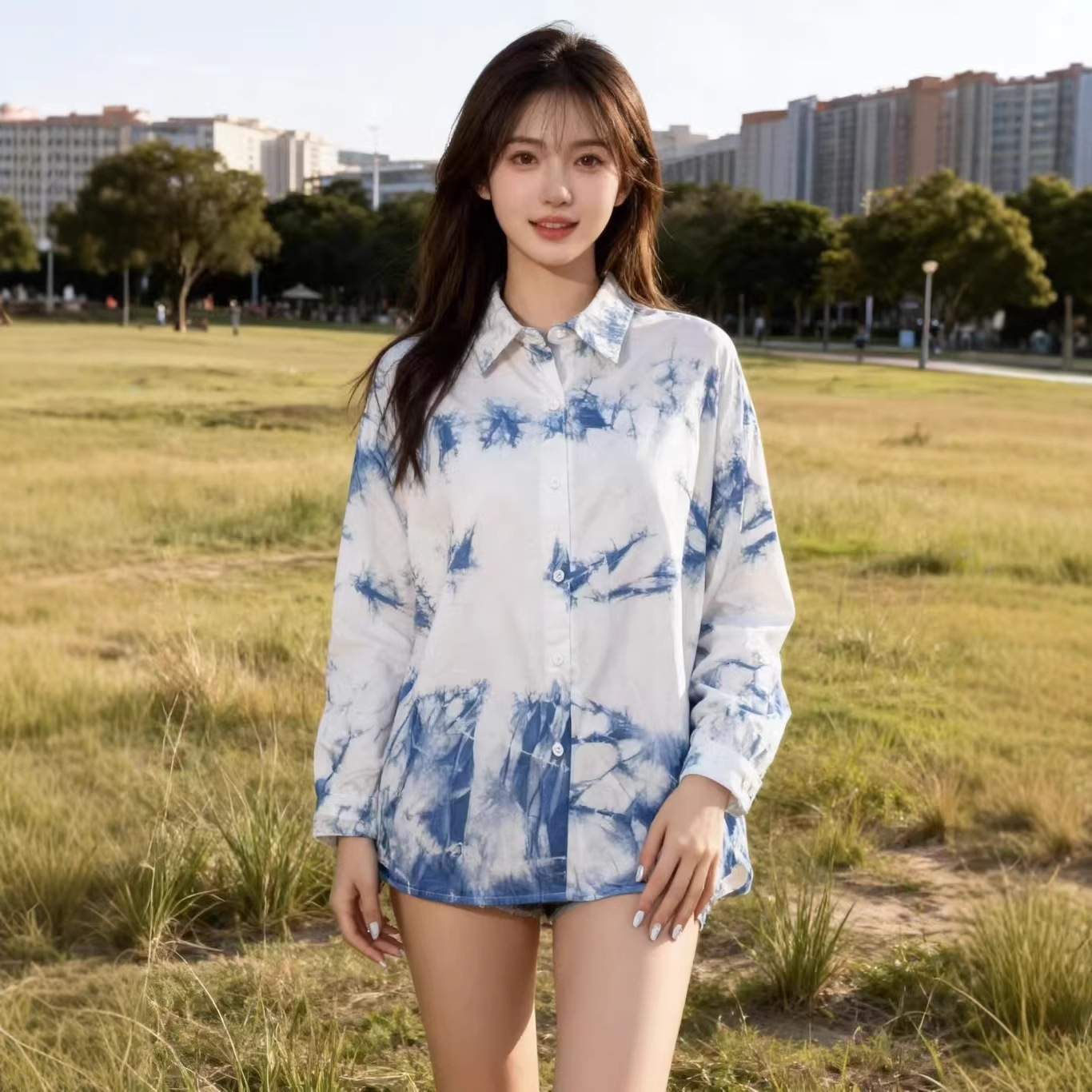 Yunnan Dali Handmade Tie-Dye Letter Long-Sleeve Shirt, Unisex Shirt with a Turn-Down Collar, Plant-Dyed, Suitable for Travel, Casual Wear, Versatile