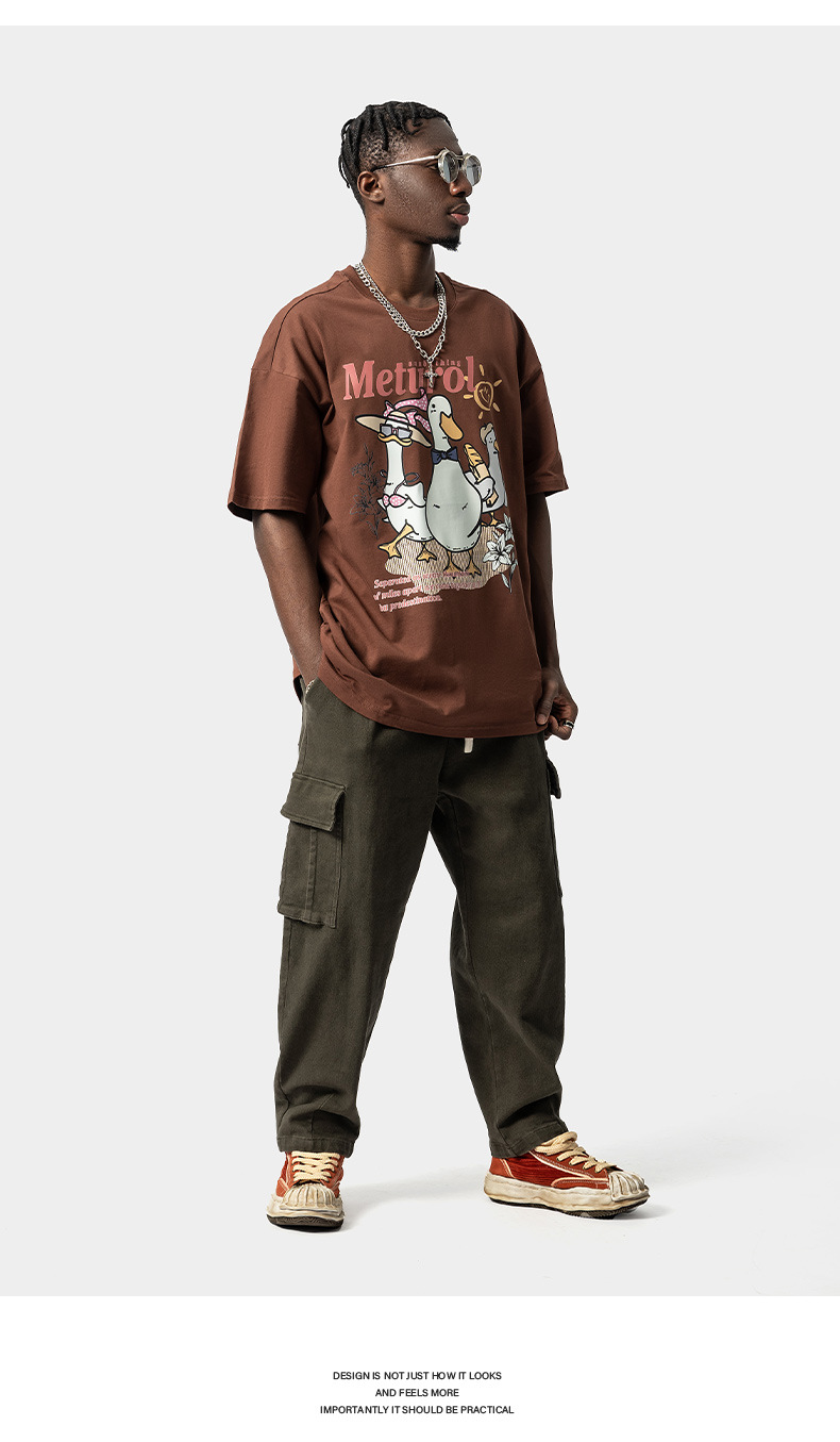 American Trendy Duck Print Kurzarm T-Shirt Herren Loose Oversize Trendy High Street Paar Vielseitiges T-Shirt_voghion.com