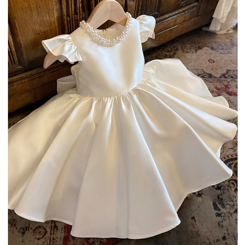Robe de princesse élégante en satin, style coréen, avec jupe bouffante, pour le premier anniversaire de bébé, robe d'anniversaire pour fille, vêtements floraux pour enfants, été
