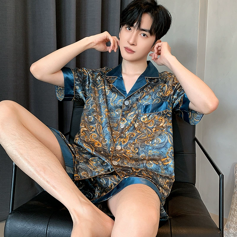 Мужской пижамный комплект, мужской стиль, новая модель 2026 года (весна, осень, зима), летний кардиган из ледяного шелка с длинными рукавами, тонкая домашняя одежда.