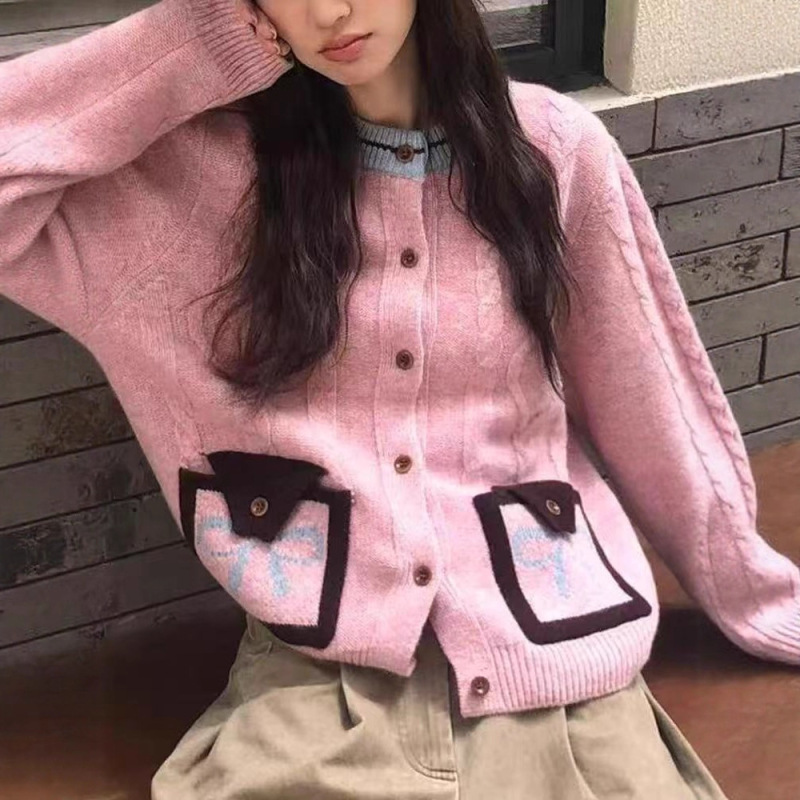 韩国2025秋冬新款软糯甜美针织开衫女时尚休闲撞色双口袋毛衣外套|undefined