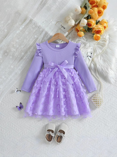 Independent Station Autumn and Winter Girls Three-dimensional Butterfly Sweet Mesh Belt Long-sleeved Dress