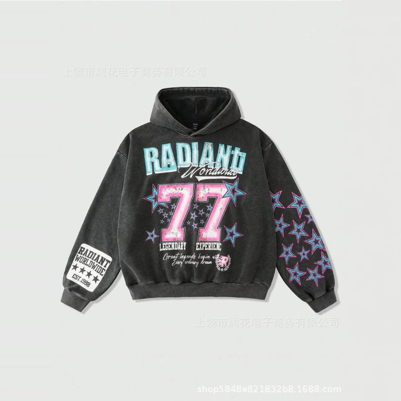 26 High Street Vintage Distressed Number 77 Star Full Print Sleeve Hooded Sweatshirt American Style Loose Fit Export Cross-Border