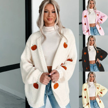 欧美新款纯色南瓜绣花立体针织衫女街头潮流开衫毛衣长袖外套