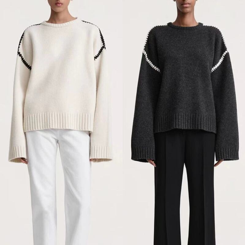 Scandinavian Tot Design Sweater for Women, Round Neck, Contrasting Color Embroider, Wool Blended Knitwear, Loose Top, New Style