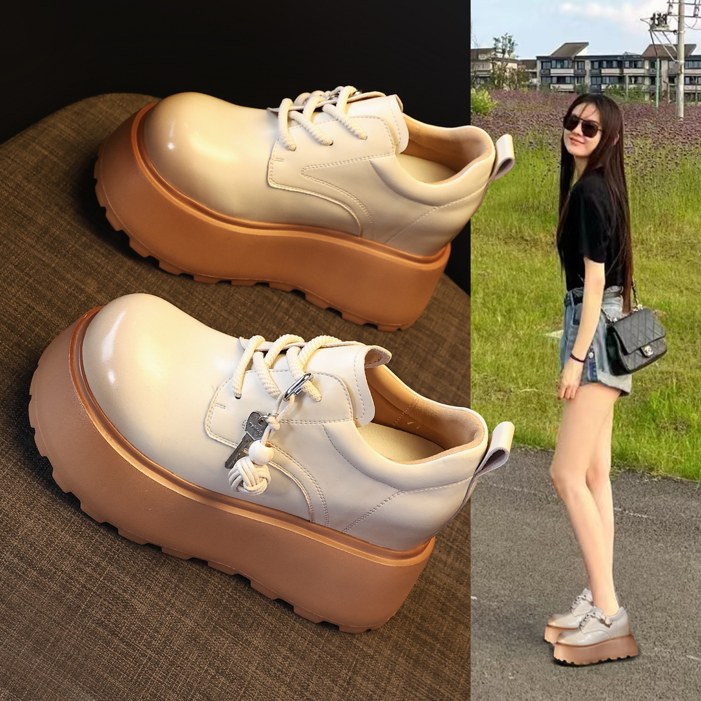 Giày loafer nữ đế dày tăng chiều cao phong cách Hàn Quốc — màu đen