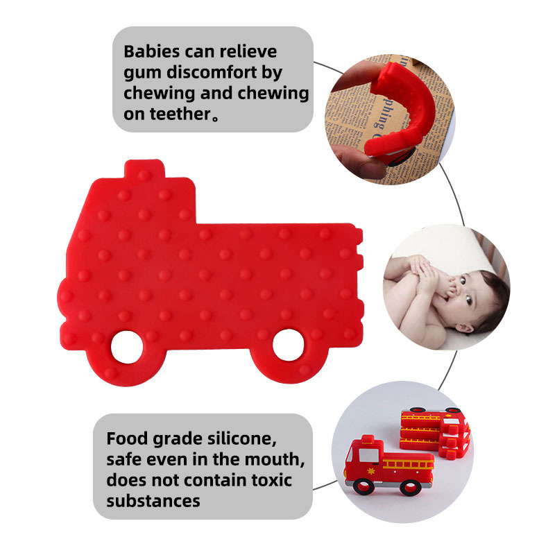 Suministros de bebé plástico clip duckbill camión bomberos juguete mordedor bebé calmante silicona chupete cadena dientes
