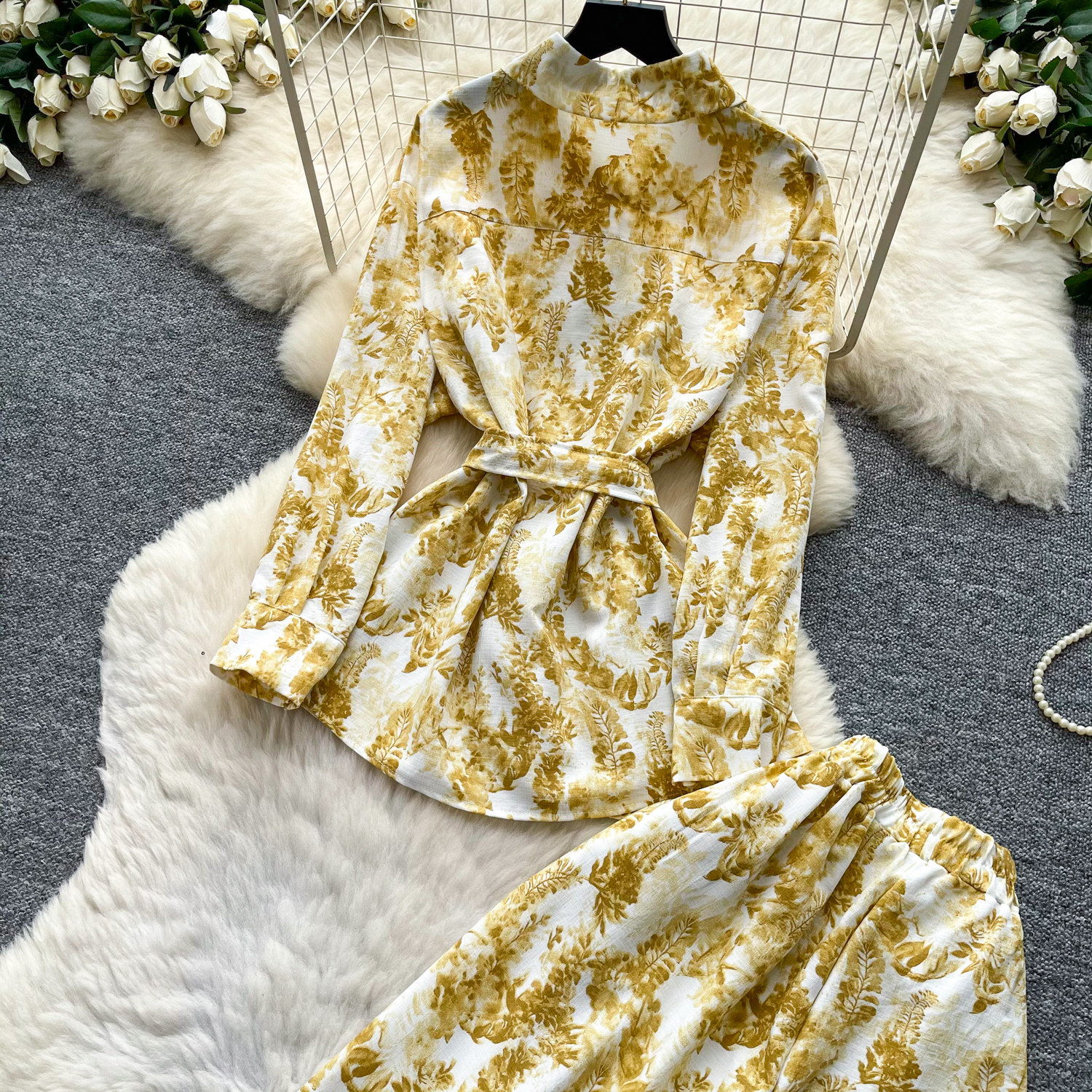 Women's Sophisticated Elegant Two Piece Set Autumn Tie up V Neck Top High Waisted Wide Leg Pants Slimming Stylish Look_ecoleips.com