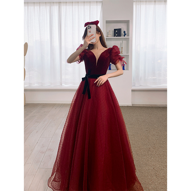 Foreign trade European and American deep V-neck wine red velvet bridal toast dress wedding slimming banquet performance wedding dress evening dress