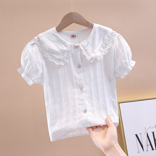Baby Girl Short Sleeve Top 2025 Summer Korean Style Baby Collar Blouse Children's White Shirt
