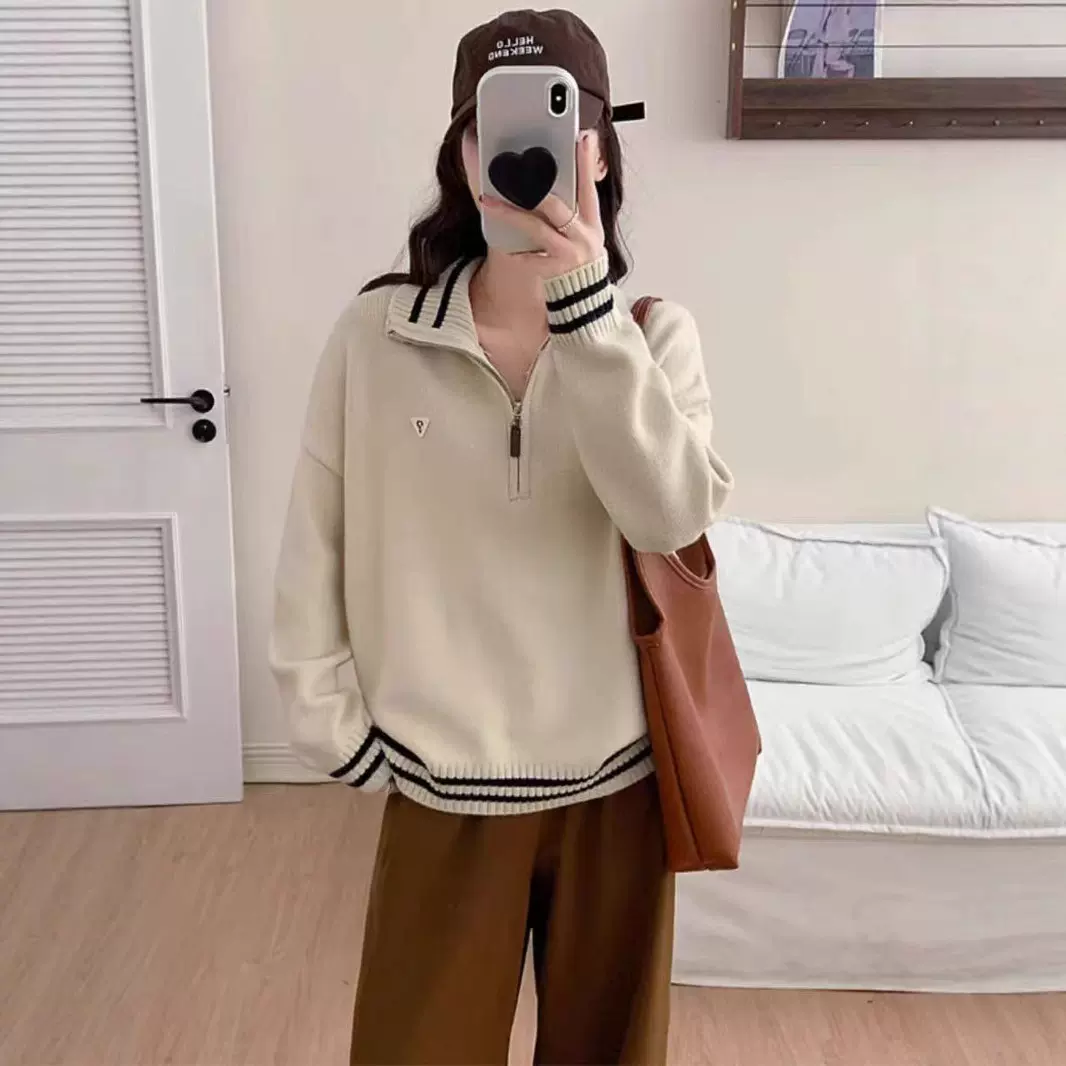法式复古学院风撞色条纹半拉链翻领设计感毛衣女秋冬慵懒风针织衫