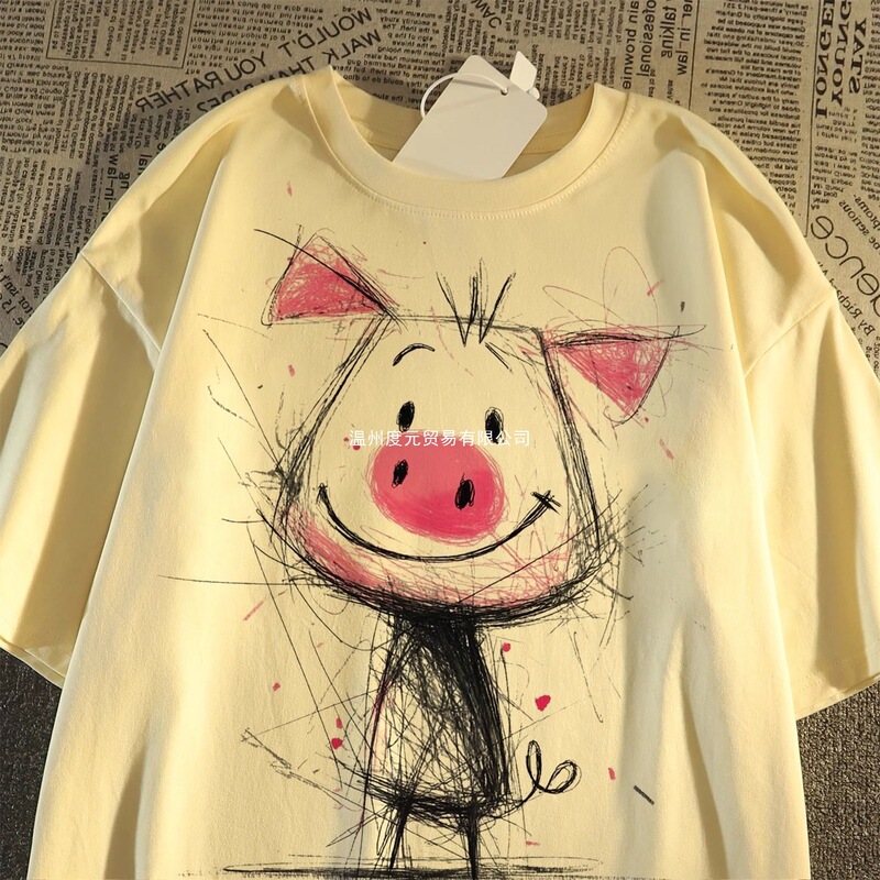 Cotton Japanese-Style Cute Pig Print Short-Sleeve T-Shirt for Men and Women, High Street Summer Couple's Loose Top